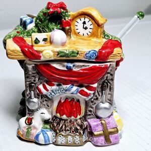 Vtg Christmas Fireplace Chimney Sugar Bowl Lidded & Free Green Glass Spoon READ